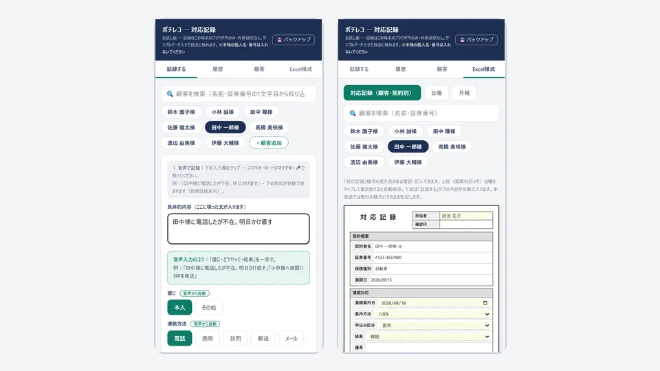 ポチレコの画面。音声から項目が埋まった記録画面と、対応記録の様式プレビュー